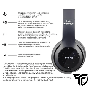 P47 Wireless Bluetooth Headphone With Microphone Foldable Headsets Bass HiFi Sound Music Stereo Earphone For Smartphones TV Game